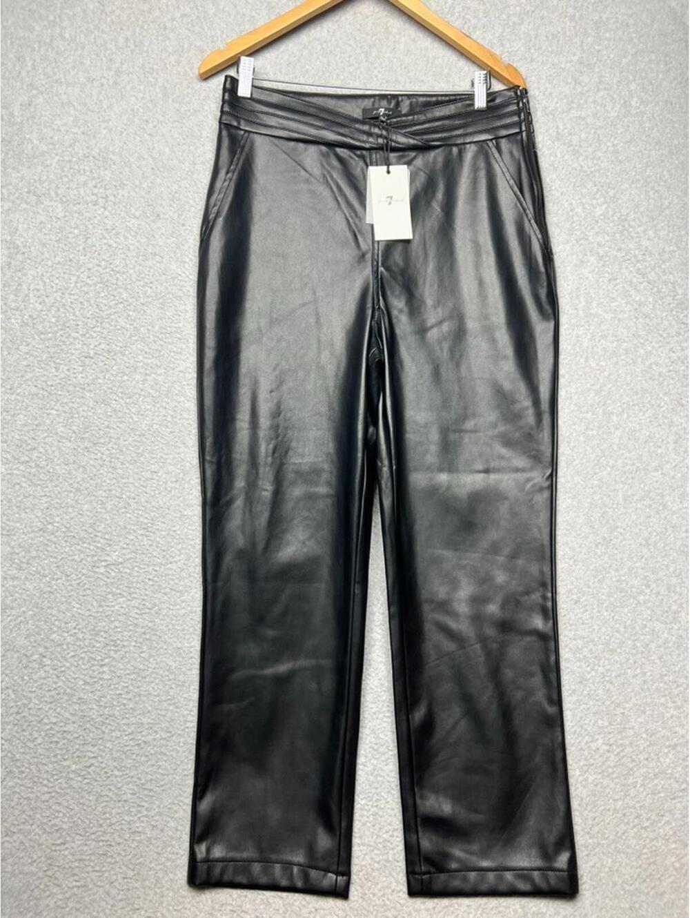 7 For All Mankind Tess Black Faux Leather Straight Pants L Crop Ankle Moto Glam